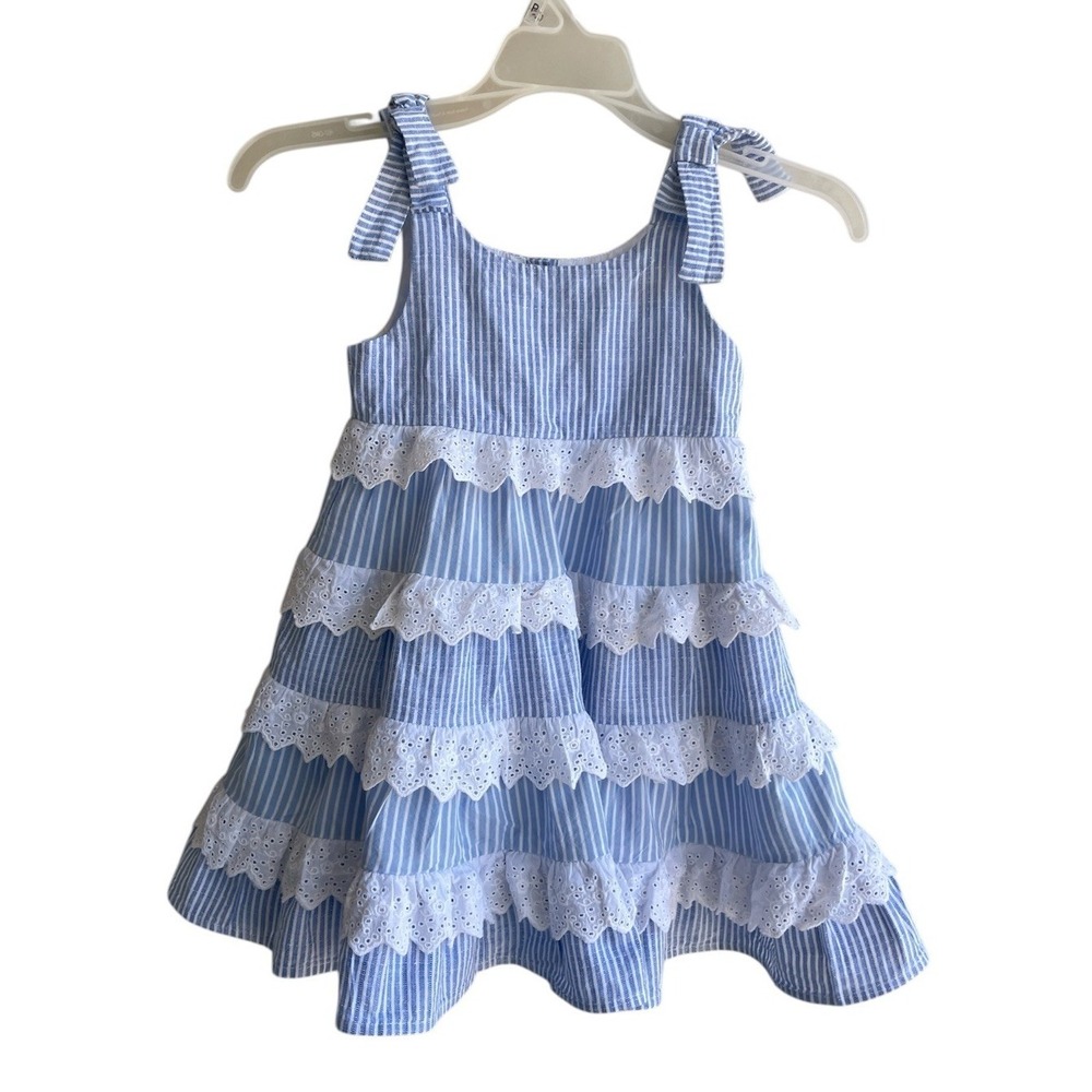 Rare Editions Blue White Seersucker Striped Dress Lace Tiered A-Line Girl's 4
